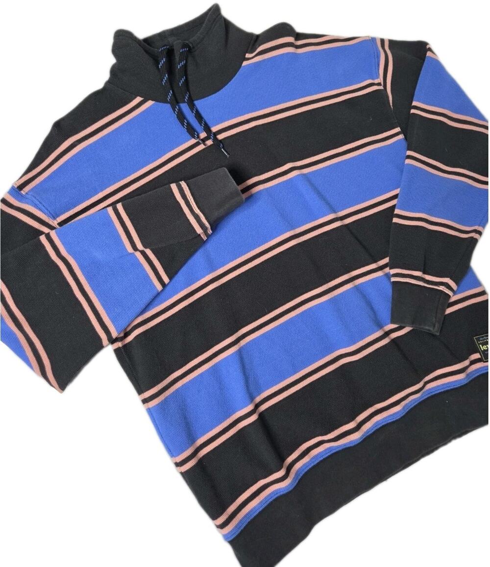 Levi's Funnel Neck Knit Pullover Sweater Off Shore Palace Blue Rugby Stripe M - Picture 1 of 10